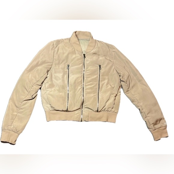 ALO Yoga Off Duty Satin Bomber Jacket in Tan Gravel Size Medium - Picture 3 of 15